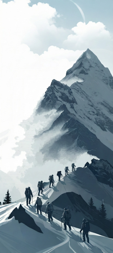 把人物移到山顶，同时人物增加到8人，形成团队在登山的效果预览效果