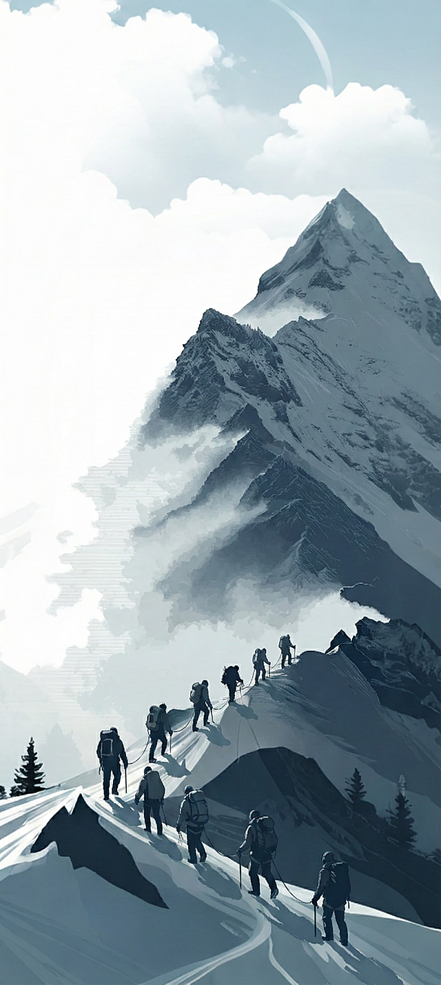 把人物移到山顶，同时人物增加到8人，形成团队在登山的效果