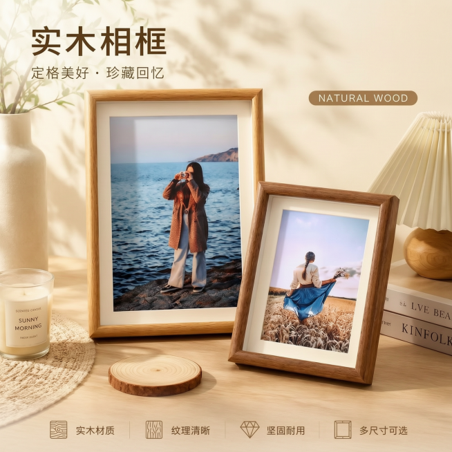 [主图-1] 原木风空间氛围实木相框首图。
[氛围风格] 温馨原木风，居家生活氛围感；
[画质] 商业摄影质感、光线柔和通透、产品清晰真实、画面干净高级。
[元素] 两款不同尺寸不同颜色的实木相框摆放预览效果