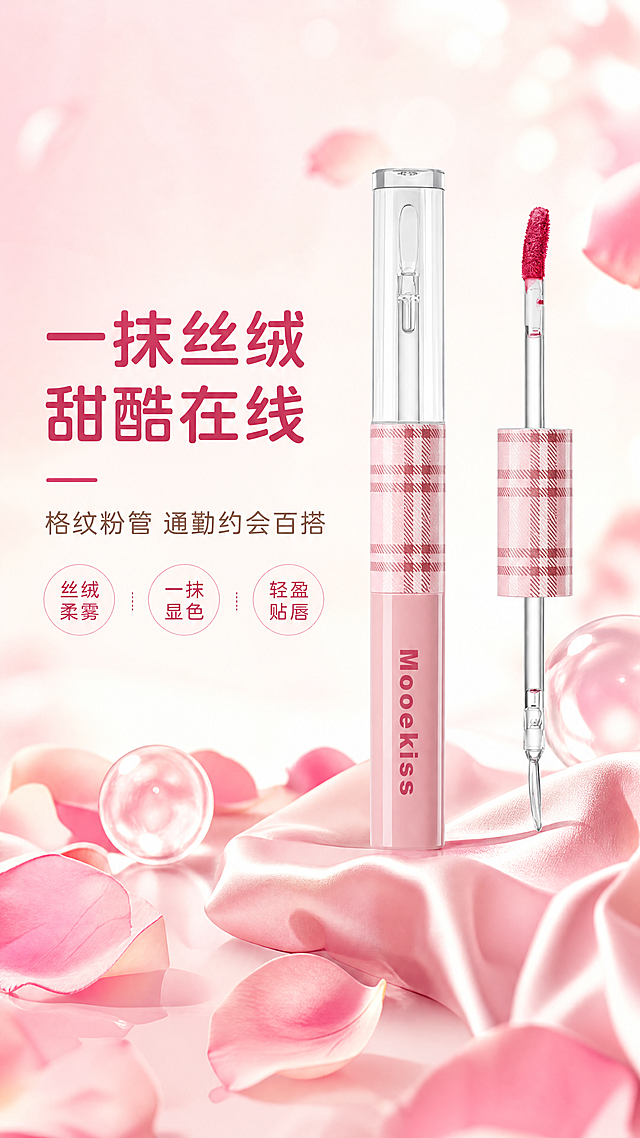 [商品] 使用【图1】Mooekiss 玫红色液体唇釉：保留粉白格纹盖帽、透明管身、粉色磨砂瓶身、瓶身'Mooekiss'文字、玫红唇釉液面与扁平弧形刷头；去除原图中的得物水印、二维码与平台角标。
[画面] 产品海报型头图：产品竖置于画面中央偏右，约占画面65%，左侧留白放标题；背景为柔雾浅粉至奶白渐变，加入散落玫瑰花瓣、丝绒绸缎、柔光气泡三层道具，前景花瓣、中景产品、后景柔焦光斑，氛围甜美高级。
[视觉] 套系策略：风格=甜美高级美妆杂志风；标题字=圆润现代无衬线粗体；正文字=简洁无衬线体；主色=柔雾浅粉；背景延展=柔雾浅粉至奶白渐变与细腻丝绒质感；强调色=玫红，仅用于小面积图标、引线和标签；标题色=深玫红；正文色=暖灰褐；组件=圆角浅粉信息卡、细线引线、圆形编号胶囊；光影=柔和漫射光+局部柔光高光。
[文字] 主标题'一抹丝绒 甜酷在线'、副标题'格纹粉管 通勤约会百搭'，底部3个圆形卖点胶囊：丝绒柔雾、一抹显色、轻盈贴唇；所有文字横排，不遮挡产品主体。
[规格] 9:16竖版，4K分辨率；避免产品变形、错字、文字过小、竖排或旋转文字、冷蓝/冷灰背景、得物水印残留、平台Logo。