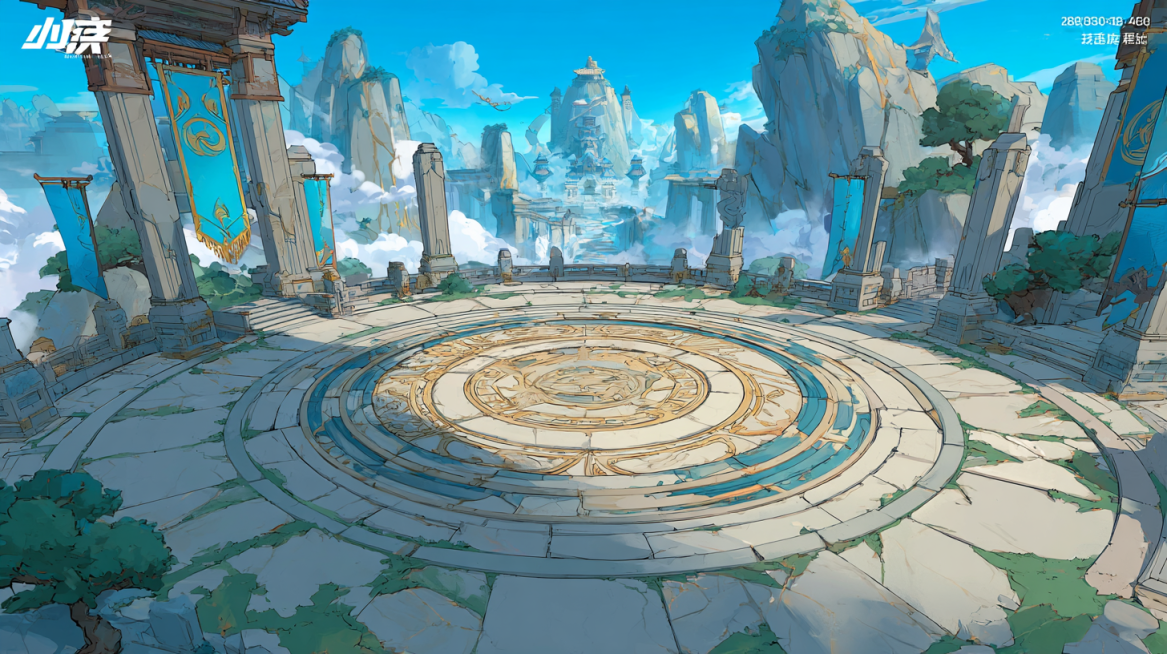 二次元国风仙侠RPG手游战斗场景，anime Chinese xianxia mobile RPG battle arena environment，云海仙门试剑台，一座悬浮在云海之上的大型圆形战斗平预览效果