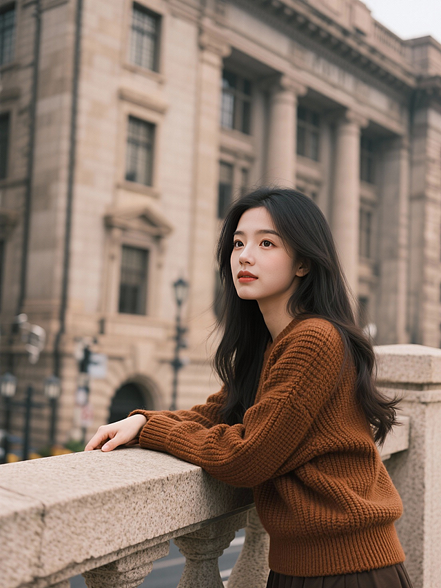 复古建筑前，女子身着暖棕毛衣，柔光轻抚发丝，文艺与优雅交织，光影朦胧间尽显东亚风韵与舒适质感。