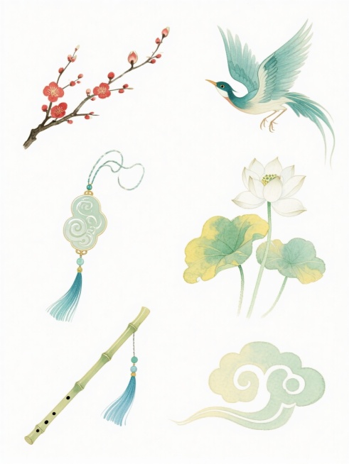 一组六个完全不同的古风元素水彩插画，保持统一的淡雅清新水彩风格，透明晕染笔触，柔和的黄绿色调与青绿色点缀，每个元素均带有飘逸的青色流苏装饰，整体构图简洁空灵，规整排布于纯白色背景上，元素包括：1. 含苞待放的红梅枝，2. 展翅欲飞的青鸾鸟，3. 缠绕云纹的玉佩，4. 盛开的白莲与荷叶，5. 古雅的竹笛与穗子，6. 飘逸的祥云纹样。预览效果