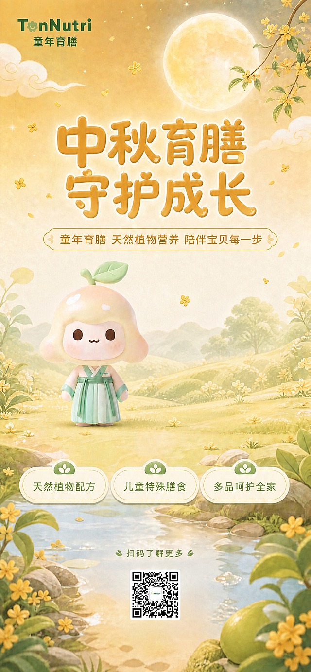 去除画面中所有的产品包装盒（右侧堆叠的TonNutri系列产品盒子全部移除），只保留左侧可爱的柚子IP卡通形象。IP形象保持原样不变，位置可适当向画面中心调整以平衡构图。背景的中秋月夜、桂花、溪流花草、主副标题文字、三个卖点标签、底部二维码及"扫码了解更多"文字均保持不变。移除产品后空缺区域用与周围一致的草地溪流背景自然填充，过渡平滑无痕，整体画面和谐完整。