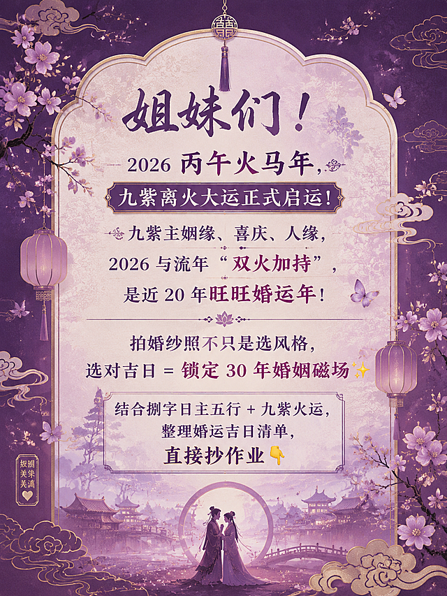 前言介绍页，比例3:4，紫色背景搭配古代传统纹路和爱情元素，文案：姐妹们！2026 丙午火马年，九紫离火大运正式启运！九紫主姻缘、喜庆、人缘，2026 与流年 “双火加持”，是近 20 年旺旺婚运年！拍婚纱照不只是选风格，选对吉日 = 锁定 30 年婚姻磁场✨ 结合捌字日主五行 + 九紫火运，整理婚运吉日清单，直接抄作业👇，排版浪漫，古法风格
