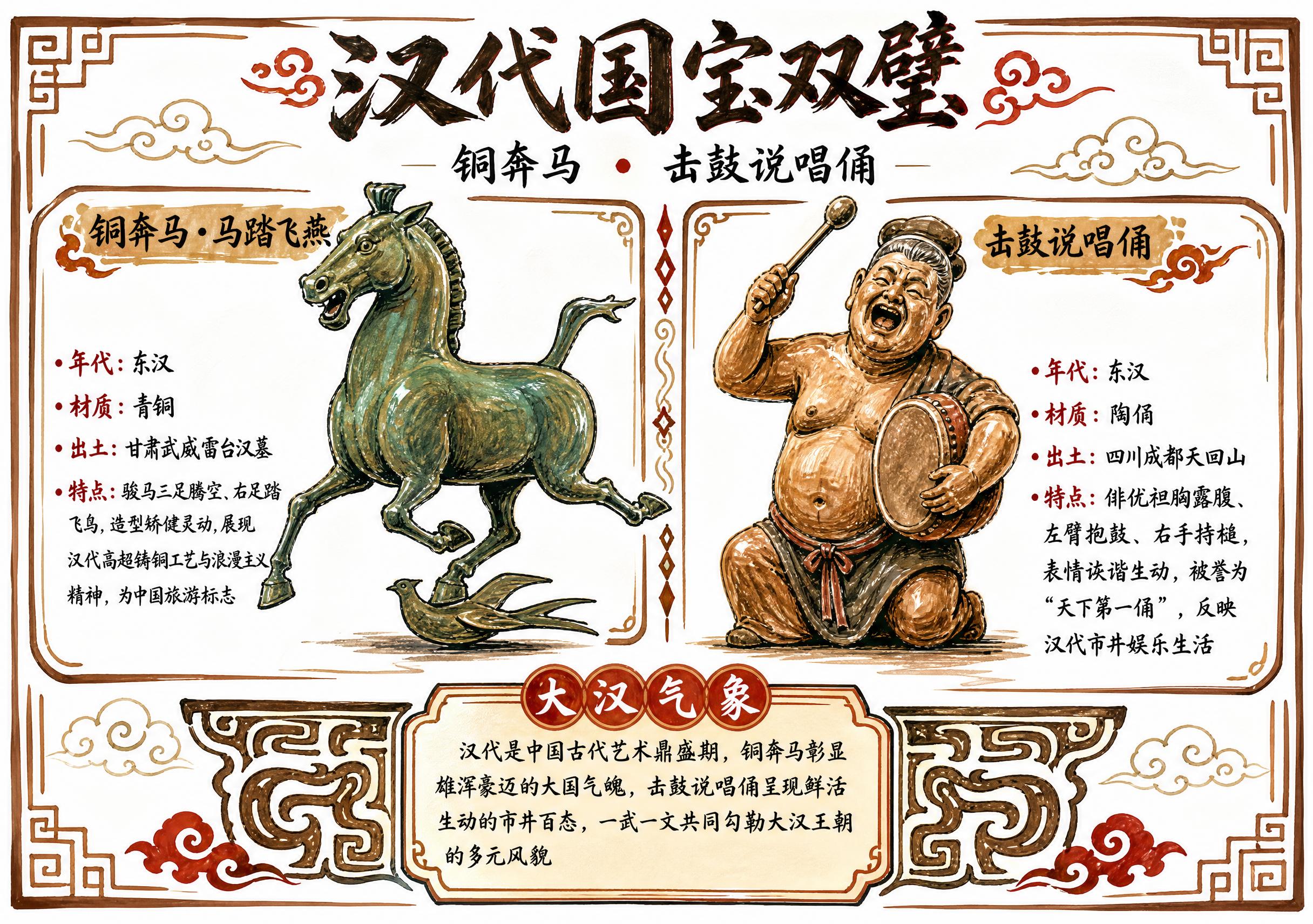 一张A4横版历史文物手抄报，主题为汉代两件国宝级文物，白底马克… - 图片创意预览