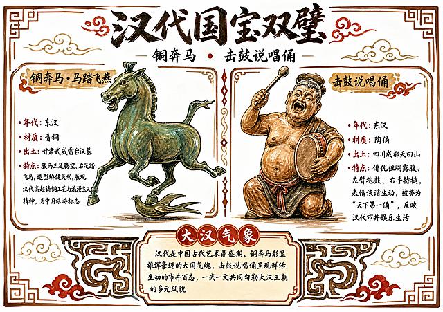 一张A4横版历史文物手抄报，主题为汉代两件国宝级文物，白底马克笔手绘风格。画面左右分栏布局，左侧展示铜奔马，右侧展示击鼓说唱俑，底部为文化解读板块。全部用马克笔手绘线条表现，古铜色、赭石色为主色调搭配黑色文字和少量朱红色装饰点缀，纯白色底，手绘感强，线条生动有力。

画面顶部大标题："汉代国宝双璧"，下方副标题"铜奔马 · 击鼓说唱俑"

左侧区域【铜奔马·马踏飞燕】：手绘一匹奔腾的骏马，三足腾空、右后足踏一只飞鸟，造型矫健灵动，用古铜色马克笔晕染表现青铜质感。下方文字说明："年代：东汉""材质：青铜""出土：甘肃武威雷台汉墓""特点：骏马三足腾空、右足踏飞鸟，造型矫健灵动，展现汉代高超铸铜工艺与浪漫主义精神，为中国旅游标志"

右侧区域【击鼓说唱俑】：手绘一个击鼓说唱的陶俑，袒胸露腹、左臂抱鼓、右手持槌，表情诙谐生动，用赭石色马克笔表现陶土质感。下方文字说明："年代：东汉""材质：陶俑""出土：四川成都天回山""特点：俳优袒胸露腹、左臂抱鼓、右手持槌，表情诙谐生动，被誉为'天下第一俑'，反映汉代市井娱乐生活"

底部中间文化板块【大汉气象】：内含文字"汉代是中国古代艺术鼎盛期，铜奔马彰显雄浑豪迈的大国气魄，击鼓说唱俑呈现鲜活生动的市井百态，一武一文共同勾勒大汉王朝的多元风貌"

整体排版精美，四周留安全边距，用手绘边框、云纹和汉代纹样装饰各板块。画面中严禁出现任何二维码。画面中所有信息区域必须填充完整合理的内容，不得出现空白框或待填写区域。