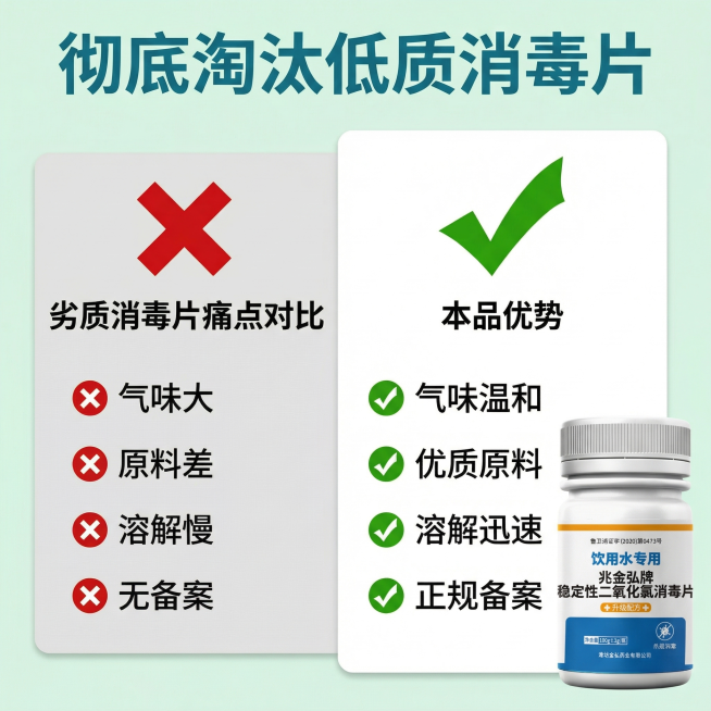 [主图 5] 替换产品为用户上传的实拍瓶身，瓶身标签文字和原图保持100%一致。劣质消毒片痛点对比，淡绿色背景，分左右两栏对比，左侧红叉标注劣质产品问题："气味大 原料差 溶解慢 无备案"，右侧对勾标预览效果