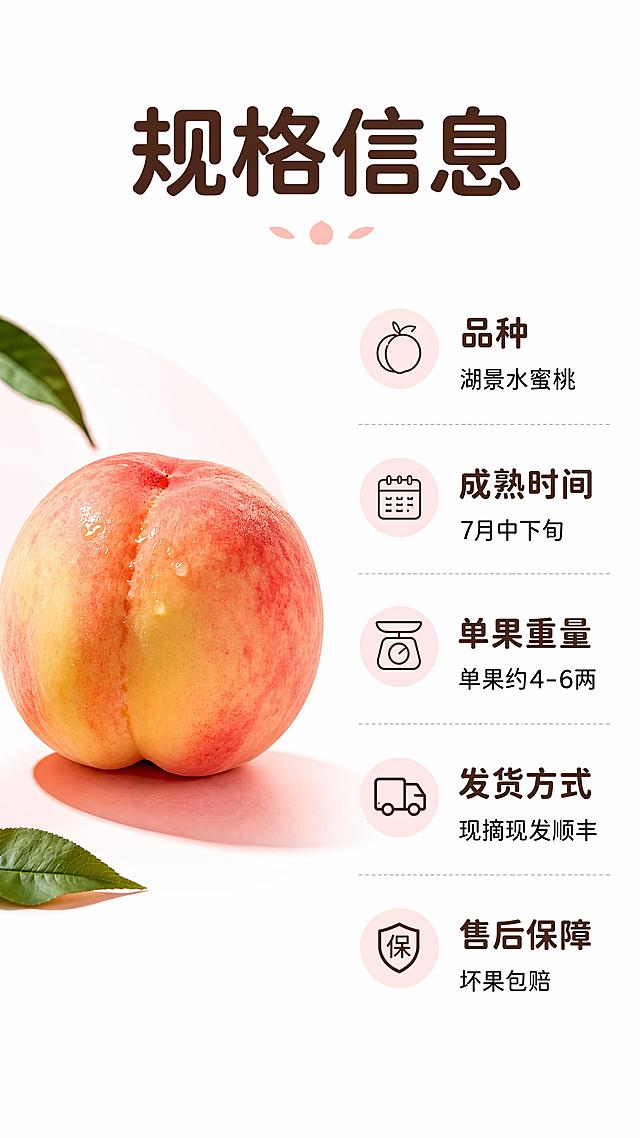 「图片1」，生成一套详情页，商品名称为湖景水蜜桃，适配抖音/快手平台，单图比例为9:16，需求屏数为8张。
