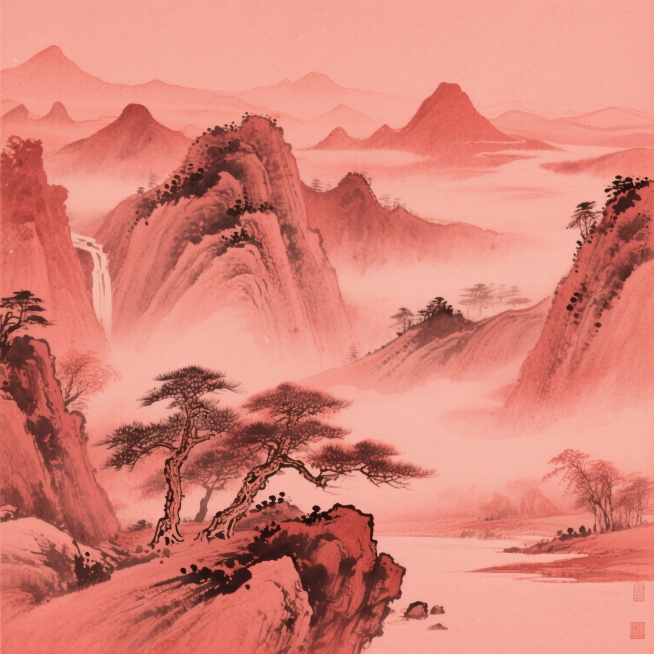 焦红色背景，整幅浅红色单色山水画，中国传统水墨写意风格，近景有松树与山石，中景以斧劈皴结合晕染表现层叠山峦，远景淡墨烘染云雾，线条遒劲，气韵生动，空灵悠远预览效果