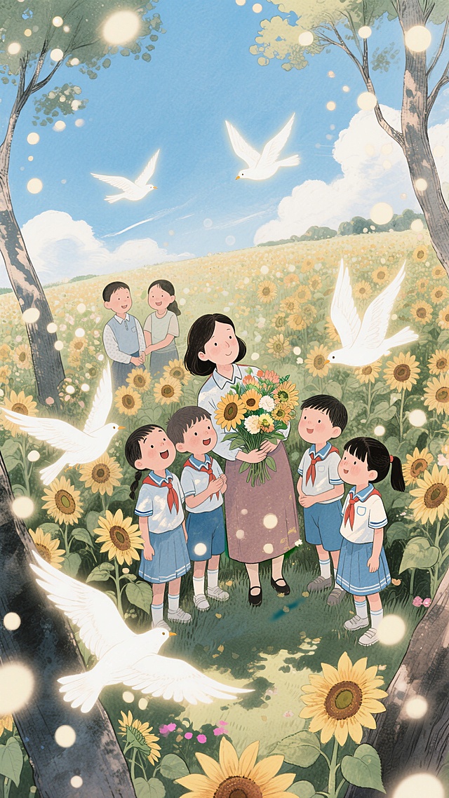 蓝天白云，学生们（穿着中国校服，姿态不一）愉悦靠在一位女老师（手里抱着鲜花）身边，一起坐在向日葵花园里互动的场景，几只动态的发光白鸟飞过装点画面，整个画面充满动态感和灵动感，温馨，梦幻，大量光斑，极强的光影交织，树影婆娑，鸟瞰视角POV，非常规的创意构图