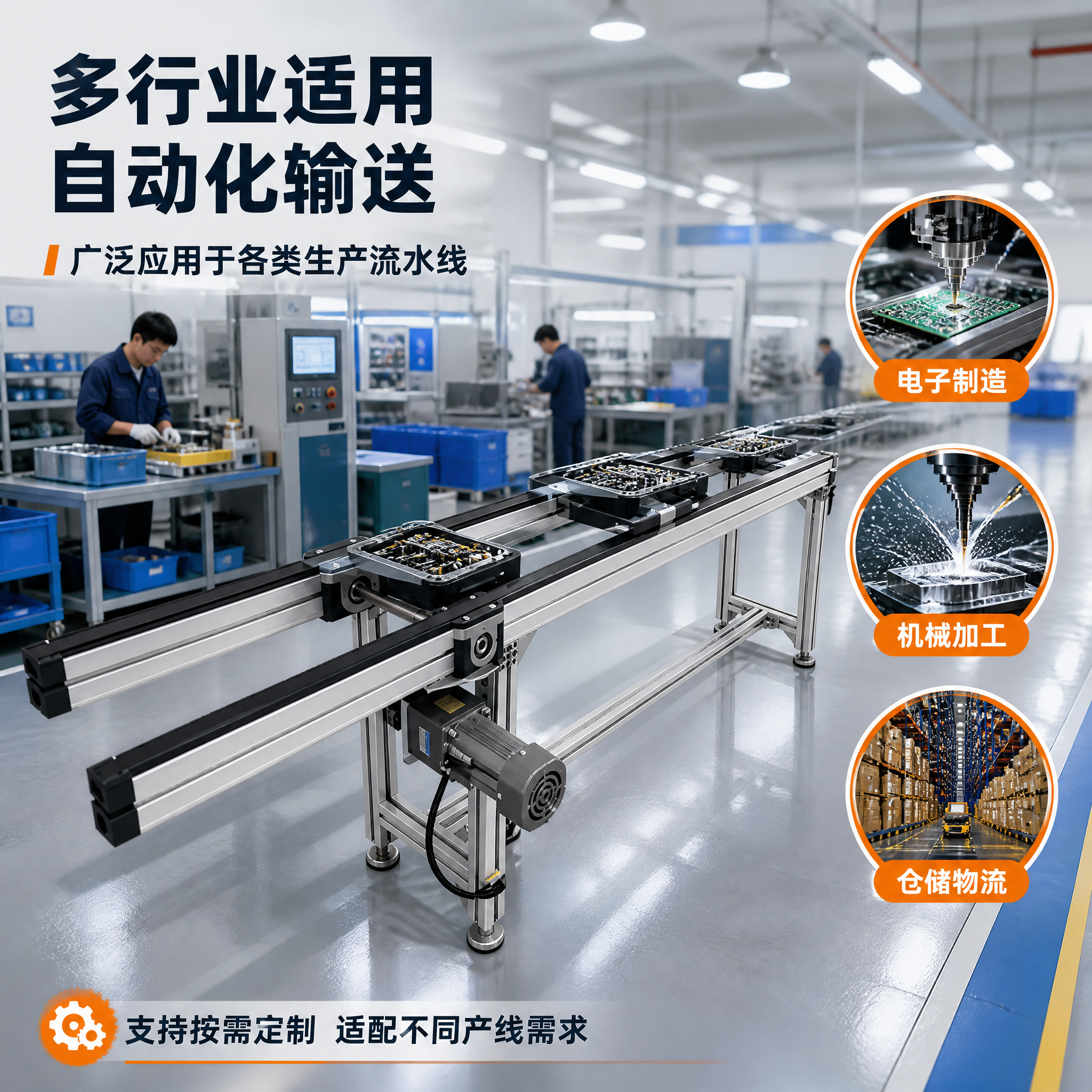 [主图-4] 倍速链输送线 应用场景图，展示输送线在工厂车间的… - 图片创意预览