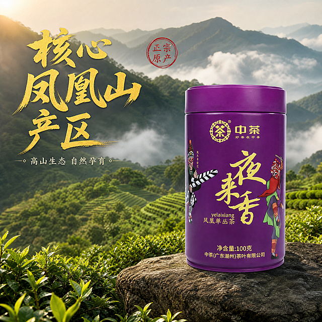 [主图-2] 中茶夜来香凤凰单丛茶核心产区产地溯源主图。[氛围风格] 国潮自然风，产地氛围真实可信。[画质] 商业摄影质感、光线柔和通透、产品清晰真实、画面干净高级。[元素] 夜来香凤凰单丛茶紫色铁罐放置在画面右侧，保持产品外观、物理结构、材质质感、颜色与输入产品图绝对一致，杜绝任何变形和色差。左侧展示凤凰山茶园实景，层层叠叠翠绿茶树覆盖山峦，云雾缭绕，凸显核心产区自然环境。商品主体占比约60%，产品与产地场景融合自然。[光影] 自然暖阳逆光，凸显茶叶翠绿层次感和产品轮廓，光影柔和通透，营造清新自然氛围感。[配色] 翠绿茶园为主色，搭配产品深紫色，云雾灰白衬托，色彩清新自然。[视角构图] 四分之三侧平视，前景茶园远山背景，景深自然，画面满屏无边框。[文字版式] 画面左上超大醒目标题“核心凤凰山产区”黄色国潮书法大字，下方小字标注“高山生态 自然孕育”，右侧红色圆形印章“正宗原产”。文字清晰不遮挡主体，主次分明。[输出要求] 1:1 比例，文字清晰锐利，超高清商业摄影质感。[负向提示词] 变形，文字错乱，产品图模糊，背景杂乱，水印，电商平台Logo。