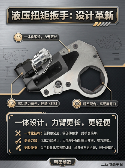 工业电商产品详情页，介绍产品设计优势，搭配文字"一体设计，力臂更长，更轻便"，展示液压扭矩扳手整体外观，专业工业风排版预览效果