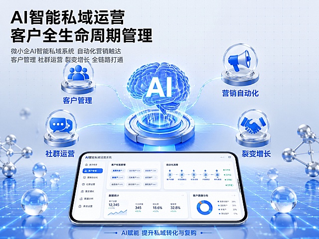 [详情图-2] AI智能私域运营系统详情图。
[氛围风格] 3D科技商务风 智能运营感 与之前风格统一；
[画质] 商业设计质感 3D元素精致 文字清晰。
[元素] 画面中央有一个3D立体的AI大脑图标 蓝色半透明发光 象征AI智能；大脑周围环绕四个3D功能模块图标 呈圆形排列 分别是客户管理人群图标 营销自动化喇叭图标 社群运营气泡图标 裂变增长握手图标；每个功能模块通过蓝色发光线条与中心大脑连接；下方有一个3D手机屏幕 显示私域运营后台界面 有客户标签 自动化流程 数据统计等；背景为浅蓝白网格底 底部蓝色网格地面 点缀银色分子结构与透明球体。
[光影] 中心聚光效果 AI大脑最亮 周围模块依次有光；连接线有流动光效；整体层次分明 科技感强。
[配色] 主色调白蓝 蓝色发光大脑 银色金属模块；整体明亮有科技感。
[视角构图] 正面平视 中心辐射构图；AI大脑居中 四个功能模块环绕 下方手机界面展示；形成AI驱动私域运营的视觉逻辑。
[文字版式] 顶部左对齐主标题 黑色粗体大字 写"AI智能私域运营 客户全生命周期管理"；主标题下方两行灰色说明 分别是"微小企AI智能私域系统 自动化营销触达"和"客户管理 社群运营 裂变增长 全链路打通"；四个功能模块分别标注"客户管理""营销自动化""社群运营""裂变增长" 蓝色粗体字；底部有一行小字 "AI赋能 提升私域转化与复购"。
[输出要求] 4:3比例 文字清晰可辨 超高清商业设计质感 3D风格与之前一致。
[负向提示词] 变形 文字错乱 模糊 背景杂乱 水印 电商平台Logo。