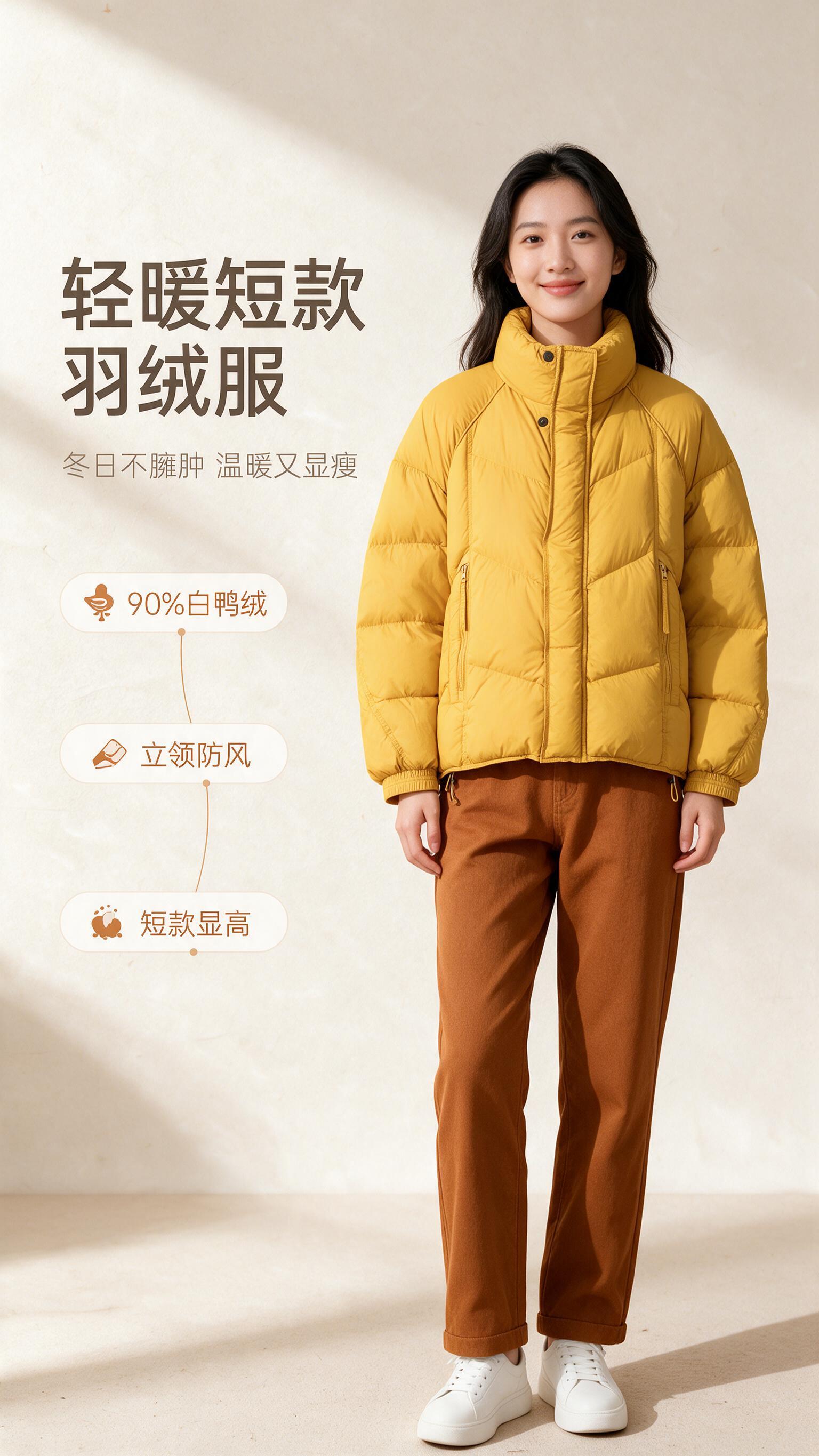 [商品] 使用【图1】姜黄色立领短款羽绒服；商品处理：保留立领… - 图片创意预览