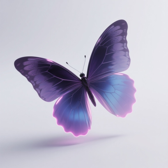 一只姿态优雅、翅膀半透明且带有细腻纹理的蝴蝶，整体色调改为深邃神秘的暗紫色与幽蓝色渐变，翅膀边缘点缀着淡淡的荧光粉，在纯净的白色背景中轻盈飞舞，翅膀上的细微脉络清晰可见，散发着梦幻而静谧的氛围，光影柔和，高光处呈现出微妙的光泽感，整体画面具有3D渲染的细腻质感和通透的视觉效果。预览效果