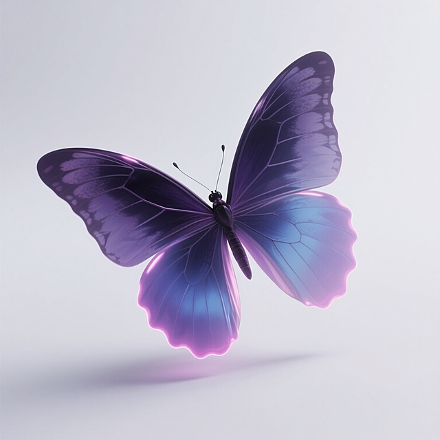 一只姿态优雅、翅膀半透明且带有细腻纹理的蝴蝶，整体色调改为深邃神秘的暗紫色与幽蓝色渐变，翅膀边缘点缀着淡淡的荧光粉，在纯净的白色背景中轻盈飞舞，翅膀上的细微脉络清晰可见，散发着梦幻而静谧的氛围，光影柔和，高光处呈现出微妙的光泽感，整体画面具有3D渲染的细腻质感和通透的视觉效果。