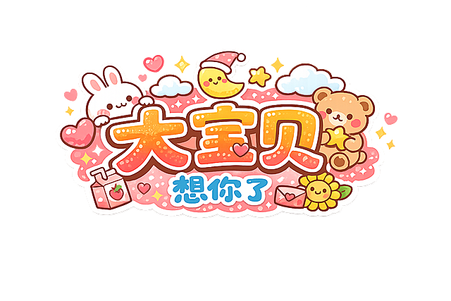 不规则横版贴纸设计，文字内容：大字“大宝贝”，小字“想你了”，温馨可爱风格，白色背景方便抠图