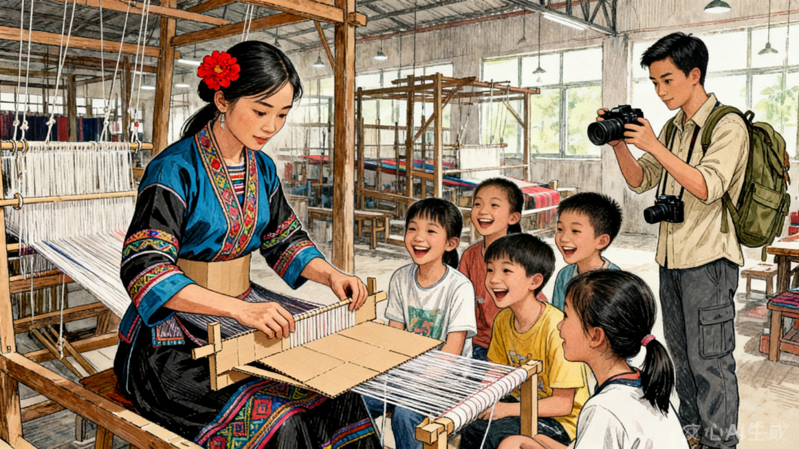 在制作黎锦的纺织厂内，使用提供的阿黎和林远两个人物形象，阿黎正在教城市孩子们用纸板制作简易腰织机，林远站在一旁拍摄记录整个过程，参与体验的孩子们都笑得十分灿烂，手绘风格预览效果