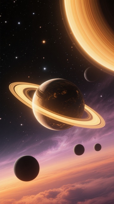 深邃浩瀚的宇宙星空背景，中心是一颗带有清晰环状结构的行星，行星表面有明暗相间的纹理和隐约可见的地貌特征，环状结构呈现出多层次的同心圆，边缘有金色光晕。行星前方有明亮的光源，光芒向四周扩散形成温暖的橙黄色渐变光带。行星周围分布着三颗大小不一的黑色星球，其中一颗较大的星球外围有明显的金色光环。右上角有一个巨大的、带有条纹纹理的气态行星，占据画面右上角部分区域。背景中布满了无数闪烁的星星和弥散的星云……预览效果