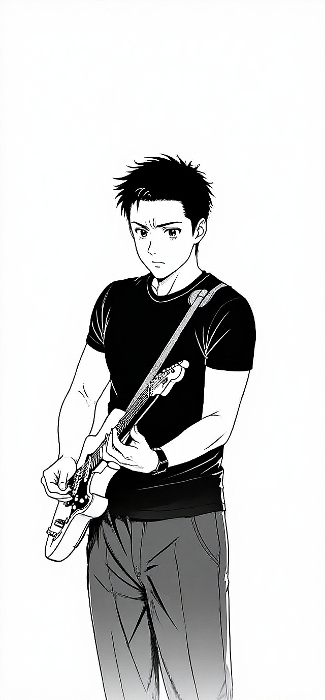 动漫风吉他少年，黑白线条勾勒，简约清新，尽显青春活力。