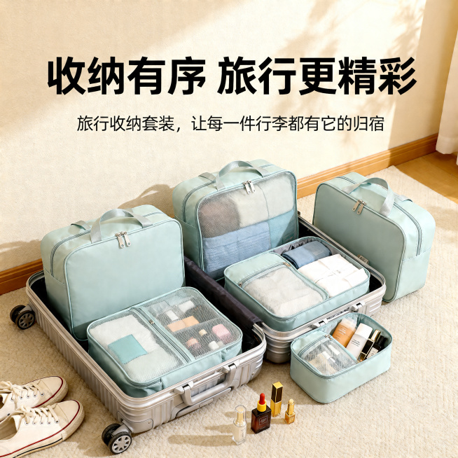抖音商品详情页场景展示图，展示旅行收纳套装在行李箱中的使用效果，标题“收纳有序 旅行更精彩”副标题“旅行收纳套装，让每一件行李都有它的归宿”，整体温馨ins风米色背景，展示五个收纳包整齐摆放在行李箱旁预览效果