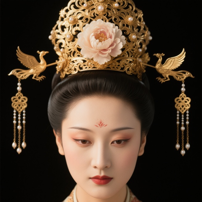 唐代华丽发冠，正面平视图，主体头饰装饰，头顶中心为一朵牡丹，旁边对称装饰小型金色镂空凤鸟造型发饰，边缘有珠链垂坠，背景纯黑色，写实8K拍摄，细节清晰，色彩浓郁，金属质感强烈预览效果