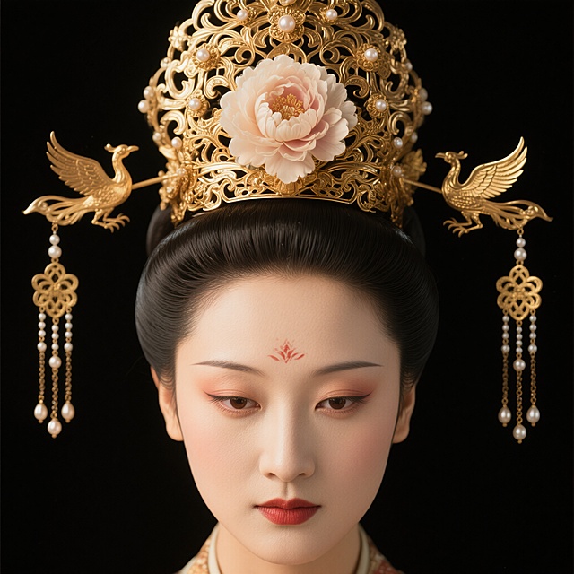 古典中式美学，鎏金凤冠配工笔风妆容，重拟物浮雕细节，典雅奢华，尽显东方唯美优雅。