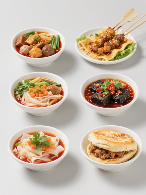 六张规整排布的街边小吃特写素材，每张均为单一白色陶瓷碗盛装，纯色背景，无文字无logo无水印。整体采用简约现代风格，高清晰度写实摄影，光线明亮柔和，色彩鲜艳饱和，突出食物质感与细节。包含凉皮（红色油泼汤汁，翠绿香菜，橙色胡萝卜丁，白色凉皮，棕色面筋块）、烤串（金黄烤肉串，撒芝麻辣椒面，配翠绿葱段）、麻辣烫（多种食材浸于红汤，有丸子、蔬菜、粉丝）、煎饼果子（金黄薄脆，裹生菜、酱料，用竹蜻蜓托起）……预览效果