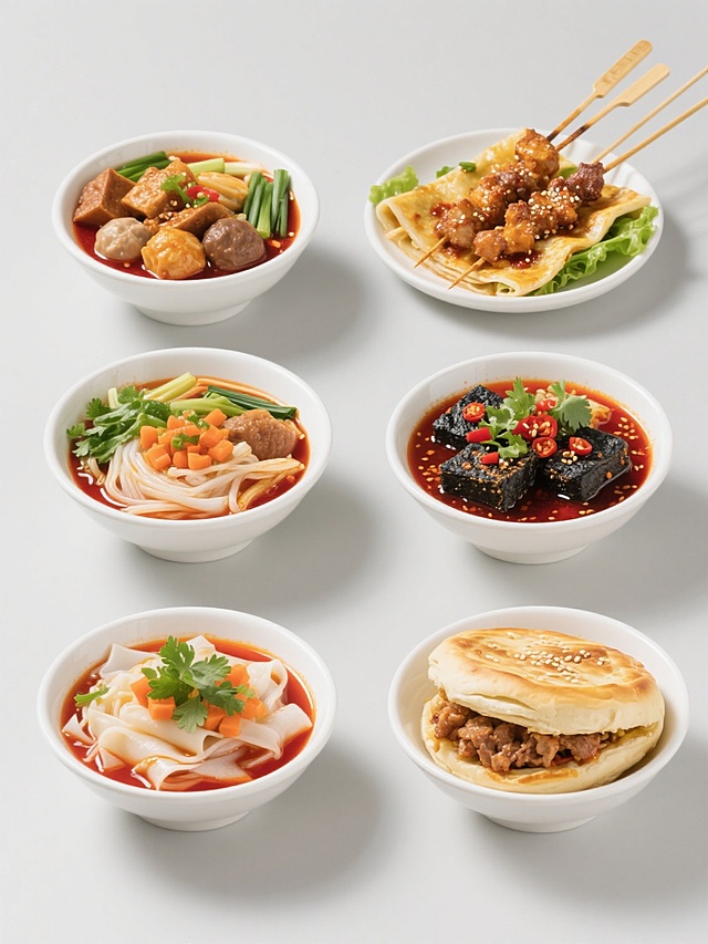 六张规整排布的街边小吃特写素材，每张均为单一白色陶瓷碗盛装，纯色背景，无文字无logo无水印。整体采用简约现代风格，高清晰度写实摄影，光线明亮柔和，色彩鲜艳饱和，突出食物质感与细节。包含凉皮（红色油泼汤汁，翠绿香菜，橙色胡萝卜丁，白色凉皮，棕色面筋块）、烤串（金黄烤肉串，撒芝麻辣椒面，配翠绿葱段）、麻辣烫（多种食材浸于红汤，有丸子、蔬菜、粉丝）、煎饼果子（金黄薄脆，裹生菜、酱料，用竹蜻蜓托起）、臭豆腐（黑色豆腐块，淋鲜红辣椒酱，撒香菜）、肉夹馍（金黄酥脆外皮，露出内里肉馅，芝麻点缀）。每张图片构图居中对称，碗边缘清晰，食物摆放自然饱满，保持一致的光影效果和色彩基调，形成系列化视觉统一感。