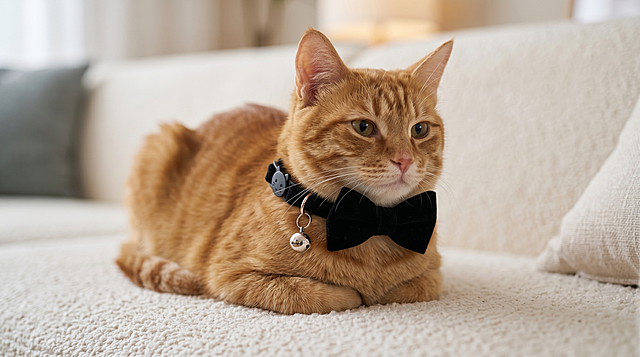 参考图中的黑色丝绒猫项圈带蝴蝶结和铃铛，保持产品主体特征不变，橘猫脖子佩戴这款猫项圈趴在沙发上，真实自然，超清，细节丰富