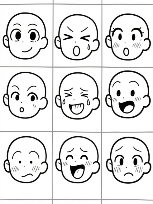 一张包含九个不同夸张表情卡通人物头部的线稿集，每个头部都是简洁的圆形或椭圆形轮廓，搭配或大或小的耳朵，面部用流畅、快速、略带潦草感的黑色线条勾勒出眼睛（有圆形、椭圆形、眯起等多种形态）、眉毛、鼻子和嘴巴，表现出开心大笑、流泪、惊讶、调皮吐舌、痛苦、得意等丰富情绪，部分面部还点缀有简单的汗珠线条。所有头部以三行三列的网格状整齐排列在纯白色纯色背景上，整体风格是典型的日式动漫草图风格，线条具有手绘……预览效果