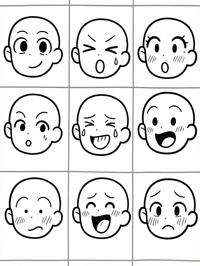 一张包含九个不同夸张表情卡通人物头部的线稿集，每个头部都是简洁的圆形或椭圆形轮廓，搭配或大或小的耳朵，面部用流畅、快速、略带潦草感的黑色线条勾勒出眼睛（有圆形、椭圆形、眯起等多种形态）、眉毛、鼻子和嘴巴，表现出开心大笑、流泪、惊讶、调皮吐舌、痛苦、得意等丰富情绪，部分面部还点缀有简单的汗珠线条。所有头部以三行三列的网格状整齐排列在纯白色纯色背景上，整体风格是典型的日式动漫草图风格，线条具有手绘的自然感和动态感，没有任何多余细节和颜色填充。