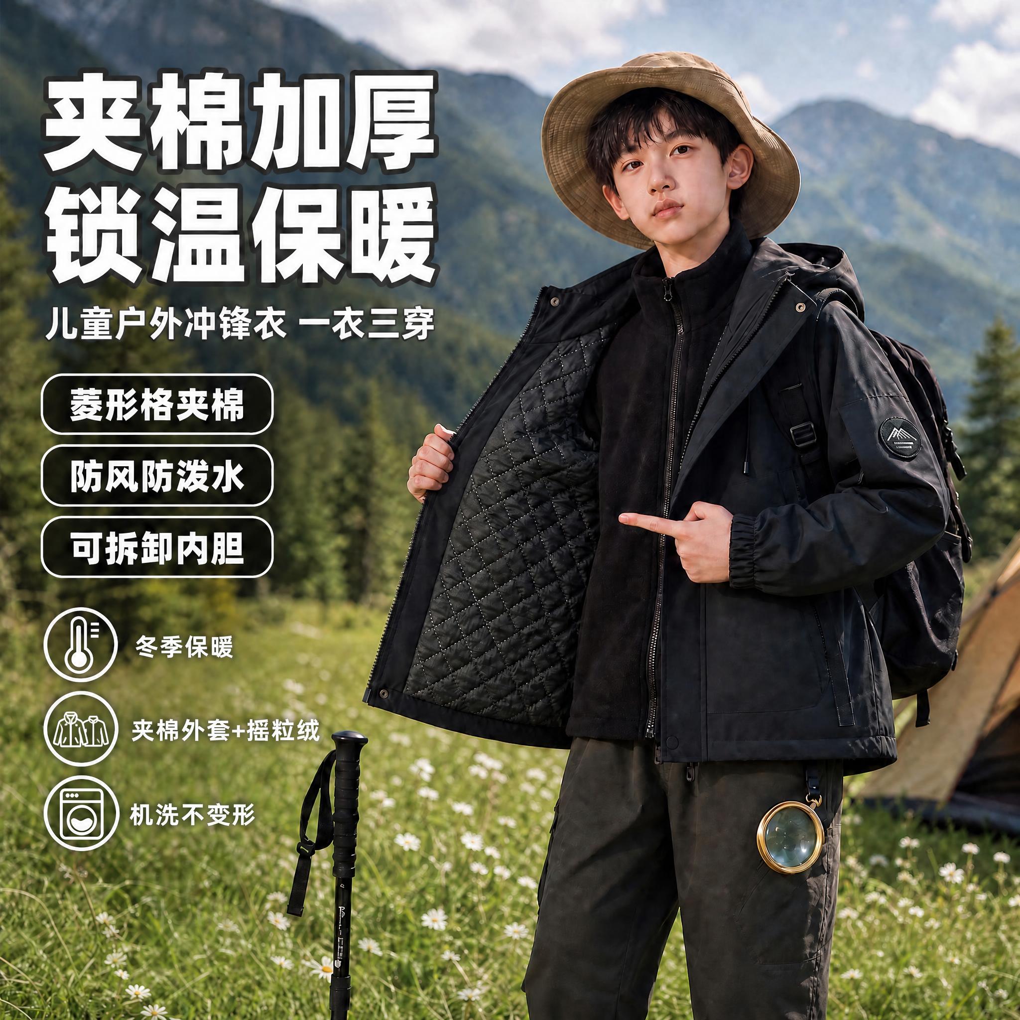 基于这张儿童冲锋衣主图进行修改：1. 将左下角第二个圆形图标（… - 图片创意预览