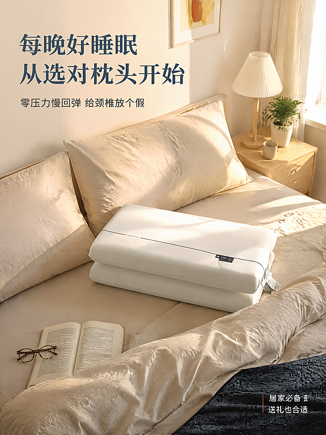 [第5张] 使用场景页 - 卧室居家睡眠场景真实展示。本张使用【图2】记忆枕放置于真实卧室床品中。
[氛围/风格] 温馨居家氛围感，午后慵懒光线，生活方式感，商业摄影质感。
[元素布局] 画面为真实现代卧室场景，记忆枕放置在整洁的床铺上，配浅色四件套、被子半掀开的自然状态，枕头旁有一本打开的书和一副眼镜，床头柜上有台灯和小绿植。窗户透进柔和的午后阳光，在床面上形成慵懒光斑。枕头保持原图白色外观与材质，自然融入床品中。背景有虚化的窗帘和墙面装饰画。
[光影质感] 午后自然光从右侧窗户洒入，暖调柔光，枕头表面有柔和高光，床品有自然褶皱与阴影，整体温暖舒适，光影层次丰富，场景真实有代入感。
[配色色系] 全局底色暖米白+浅木色#FAF6F0；主色深蓝色#1E3A5F；辅助色暖米色、浅木色；强调色橙红色#E65C20点缀。
[视角构图] 45度角俯视卧室床铺，枕头位于画面中心偏右，阅读动线从整体场景→聚焦枕头→感受氛围→文字信息。
[文字版式] 左上角文字区：主标题「每晚好睡眠 从选对枕头开始」，深蓝色大字；副标题「零压力慢回弹 给颈椎放个假」，中号深灰字。右下角压角小字标签：「居家必备」「送礼也合适」。文字放在负空间，不遮挡枕头主体，整体排版克制有氛围感。
[比例分辨率] 3:4竖版比例，4K分辨率，文字清晰可辨，高清画质。
[负向提示词] 产品变形，缺件错件，颜色偏差，水印，文字错乱，产品图模糊，场景杂乱，绝对化用语。