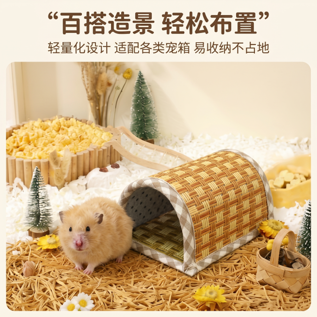 1:1 竖版电商主图，杂志排版风格，展示产品在宠物饲养箱中的完整造景应用场景，画面中产品搭配干草、迷你圣诞树、黄色小花等装饰，还原真实的养宠箱布置效果，直观展示产品的轻量化、易搭配、易收纳特点；背景为预览效果