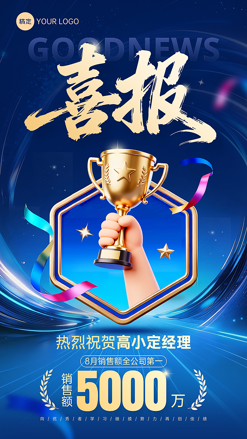 蓝色大气公司销售喜报海报宣传个人喜报竖版海报