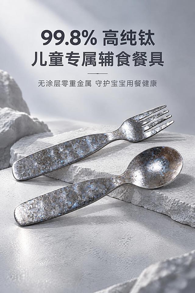 [商品] 使用上传的儿童纯钛叉勺套装产品图；保留叉勺整体结构、13cm×3.2cm尺寸比例、银灰色主调+冰花蓝闪手工冰花纹理、圆润手柄造型；盾形H标识LOGO严格位于手柄背面，叉勺正面无LOGO；去除原图白色背景与杂物，产品细节比例保持1:1，纹理真实还原。
[画面] 首屏高端品牌海报，产品占画面60%，叉勺多角度错落叠放展示全貌，叉勺正面朝向镜头为主，局部微侧凸显金属肌理，画面居中偏上构图，上下留白，极简通透，阅读动线从上至下。
[视觉] 套系策略：风格=金属冰花肌理+简约轻奢高端母婴风；标题字=无衬线极简粗体；正文字=无衬线纤细体；主色=银灰钛金属色；背景延展=低饱和冷灰渐变+细腻哑光磨砂质感，深浅层级过渡；强调色=冰花蓝闪色，仅用于局部金属反光点缀和标题细边；标题色=深炭灰；正文色=中冷灰；组件=极简细线分隔、哑光磨砂质感文字效果；光影=柔和左前侧光+局部逆光轮廓光凸显金属冰花肌理，光影细腻高级。
[文字] 画面居中主标题"99.8% 高纯钛 儿童专属辅食餐具"，下方副标题"无涂层零重金属 守护宝宝用餐健康"，居中对齐，粗细层级对比，文字采用哑光磨砂质感，不遮挡产品主体。
[规格] 2:3竖版，2K超高清，负向提示：画面杂乱、色彩艳丽俗气、卡通幼稚元素、多余背景杂物、人手、水印、文字乱码、字体粗糙廉价、光影刺眼曝光过度、产品变形纹理失真、比例失调、画面模糊低清、拼接感割裂感、塑料质感、廉价餐具质感、促销花哨元素、LOGO印在叉勺正面。
