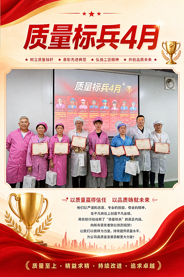 将这张质量标兵4月颁奖合影制作成A4尺寸的企业宣传海报，保留所有人物和证书，保留标题“质量标兵4月”，排版整洁正式，适合工厂企业内部宣传，画质清晰