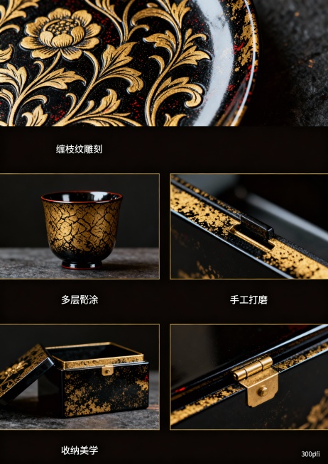 核心风格要求（所有页面通用前缀）：国潮风，融合大漆非遗技艺元素（漆色、漆纹、漆工艺细节），现代简约审美，色彩以大漆经典色（朱红、乌黑、明黄、石青）为主，搭配低饱和辅助色，画面细腻有质感，版式干净留白合预览效果