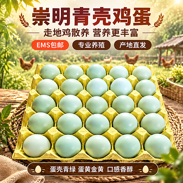 [主图-青壳1] 崇明青壳鸡蛋首图，突出产品主体与核心卖点，吸引点击。
[统一基调] 自然农家生鲜摄影风 质朴温暖；主色暖棕+土黄+青绿蛋壳；标题字粗黑体厚重有力；正文字清爽黑体；强调色橙红色仅用于促销标签；标题色深棕红；正文色深棕；组件圆角暖棕半透明信息卡、麦穗/鸡蛋图标；光影自然暖阳侧光。
[画面] 画面主体为黄色蛋托中整齐排列的新鲜青壳鸡蛋，蛋壳呈淡青绿色饱满有光泽，蛋托放置在草编垫与木质台面上，产品占画面约60%。背景为虚化的崇明生态散养场景，绿色草地、温暖阳光、远处隐约可见走地鸡与农家小屋，自然农家氛围。前景点缀绿叶与麻布装饰。
[光影质感] 自然暖阳侧逆光，鸡蛋表面有柔和高光与自然阴影，蛋壳青绿质感通透，蛋托纹理清晰，整体真实饱满有生鲜质感。
[配色] 主色暖棕土黄+青绿蛋壳，背景暖绿虚化配阳光光斑，整体温暖自然有农家感。
[文字版式] 顶部居中深棕红粗黑体大标题"崇明青壳鸡蛋"，下方副标题"走地鸡散养 营养更丰富"。标题下方三个圆角标签横向排列：橙红色白字"EMS包邮"、深棕底白字"专业养殖"、深棕底白字"产地直发"。画面底部半透明暖棕条内白字"蛋壳青绿 蛋黄金黄 口感香醇"。文字均不遮挡鸡蛋主体。
[输出要求] 1:1方图 2048px，文字清晰可读，产品清晰完整，鸡蛋外观与参考图一致，禁止变形错字模糊杂乱水印平台Logo，禁止极限词。