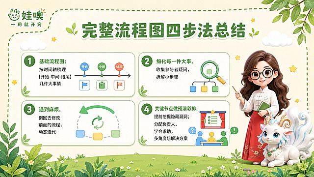 A4横版儿童教育PPT页面，清新杏色和绿色可爱风格，浅杏色背景，绿色叶子装饰，白色云朵，黄色星星点缀，圆角虚线边框。左上角有"娃噢 一用就开窍"品牌logo。页面大标题为"完整流程图四步法总结"，绿色粗体大字。中间用四个编号的圆角卡片纵向或2x2排列展示四步法：1. 基础流程图：按时间轴梳理【开始-中间-结尾】几件大事情（配时间轴/流程图图标）；2. 细化每一件大事，收集参与者疑问，拆解小步骤（配放大镜/拆解图标）；3. 遇到麻烦，倒回去修改前面的流程，动态迭代（配回退箭头/迭代图标）；4. 关键节点做预演彩排，提前挖掘隐藏漏洞；分配负责人，学会求助，多角度想解决方案（配彩排/多人分工图标）。页面右下角放置穿白色中式盘扣上衣红色裙子戴黑框眼镜棕色长卷发的3D卡通女老师和白色九尾羊有螺旋羊角尾巴尖带淡蓝色的毛绒神兽形象。底部有绿色草地和叶子装饰。整体风格清新可爱，总结清晰，A4横向比例