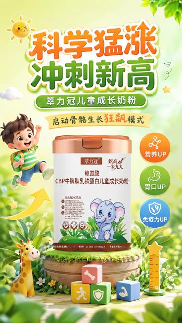 商品营销海报，儿童趣味风格，活泼童趣健康风，9:16尺寸。主标题"科学猛涨 冲刺新高"，副标题"萃力冠儿童成长奶粉"，装饰文案"启动骨骼生长狂飙模式"，卖点"营养UP 胃口UP 免疫力UP"。产品为萃预览效果