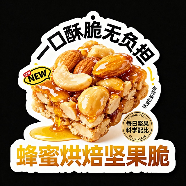 主体蜂蜜烘焙坚果脆——环绕 “一口酥脆无负担”，搭配 “NEW” 标识与 “非油炸更健康” 小标签；底部 “蜂蜜烘焙坚果脆” 暖黄调字体标题，辅以 “每日坚果科学配比” 圆形徽章。