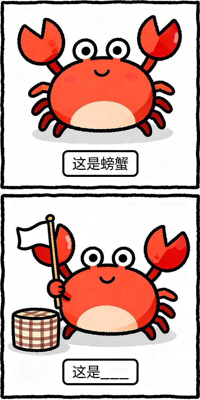 手绘搞笑纵向双格漫画，上半格：Q版可爱的螃蟹，极简背景，底部文字框写“这是螃蟹”；下半格：螃蟹举着一面旗帜，旁边放着一个格子，底部文字框写“这是____”，线条清晰，色彩鲜明