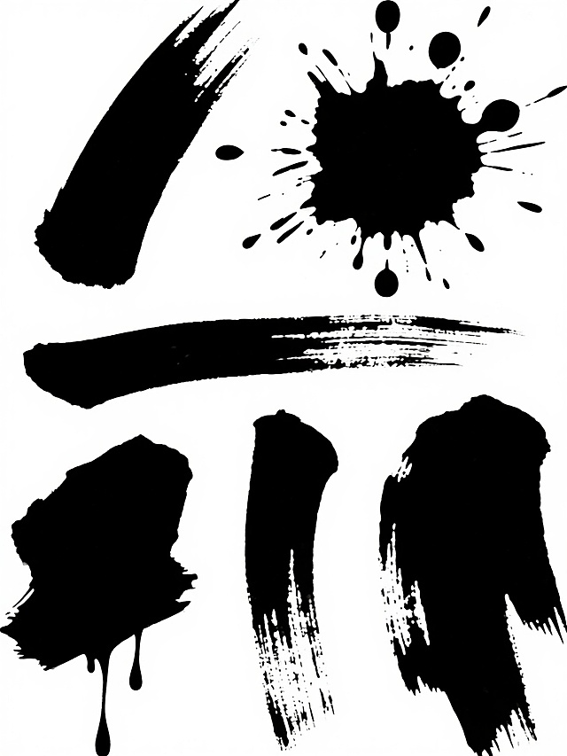 白色背景，系列水墨笔触素材集合，六个完全不同造型的黑色墨迹元素规整排布，保持粗犷豪放的毛笔刷艺术风格，浓黑笔触色彩鲜明，展现出不同角度和形态的笔触变化，有的呈斜向挥洒状，有的为点状飞溅效果，有的是横向拖曳纹理，有的是垂直滴落形态，有的是不规则块状笔触，有的是细长线条交织，每个笔触边缘带有自然的飞白和墨晕效果，整体构图平衡且具有视觉节奏感，保留原始水墨艺术的洒脱与力量感。