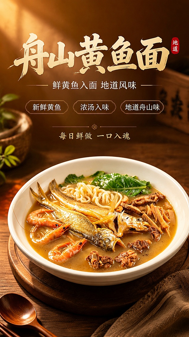 商品营销海报，写实商业摄影风格，暖调食欲风，9:16竖版，排版精美。主标题"舟山黄鱼面"，副标题"鲜黄鱼入面 地道风味"，卖点标签："新鲜黄鱼" "浓汤入味" "地道舟山味"，装饰小字：每日鲜做 一口入魂。主体保持原图舟山黄鱼面的完整外形、黄鱼、鲜虾、面条和配菜样貌不变，完整保留原食材形态与颜色，100%还原商品主体，只修改背景和添加海报文字。背景使用暖棕渐变木色质感背景，自然光暖光从侧前方照射，营造浓郁食欲氛围，产品居中放置，文字放在画面负空间，不遮挡黄鱼面主体，整体色调暖黄柔和，超高清画质，清晰可读。
