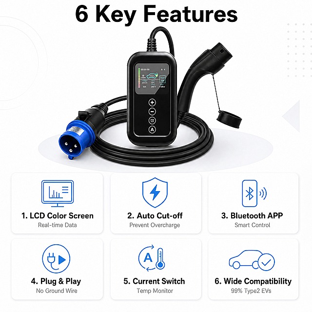 [第4张] 6 Key Features六大核心卖点总览，简约图标+文字排版，纯白浅灰风。
[商品] 使用六大核心优势产品图；保留黑色控制盒、彩屏、蓝色欧标公头插头、Type2枪头、线缆；产品结构、颜色一致。
[画面] 目标：总览六大核心卖点，信息清晰不杂乱。构图：产品全貌居中偏上占画面35%，放置在浅灰色圆形柔和阴影上；下方2行3列共6个圆角白底卖点卡片，每个卡片有浅蓝色细线图标+英文标题+简短说明。整体对称整齐，留白充足，简约不拥挤。
[视觉] 套系策略：风格=速卖通简约纯白科技感；标题字=现代无衬线粗体（英文）；正文字=简洁无衬线体（英文）；主色=浅蓝(#4A90E2)作点缀；背景延展=纯白色背景 + 极浅灰几何装饰；强调色=浅蓝色，仅用于图标和小面积标签；标题色=深黑色；正文色=中灰色；组件=圆角白底卡片、浅蓝色线图标、柔和投影；光影=顶部柔光，产品自然。
[文字] 顶部英文主标题「6 Key Features」粗黑大字；6个卖点卡片英文：1.「LCD Color Screen」Real-time Data、2.「Auto Cut-off」Prevent Overcharge、3.「Bluetooth APP」Smart Control、4.「Plug & Play」No Ground Wire、5.「Current Switch」Temp Monitor、6.「Wide Compatibility」99% Type2 EVs。全部英文横排，无中文，每个卡片文字简洁。
[规格] 比例1:1方图，4K分辨率，负向提示：中文、深色背景、大面积蓝色、变形、错字、文字过小、产品颜色改变、模糊、水印、插头画成母头。