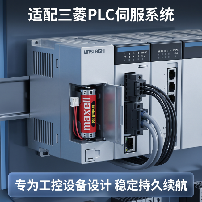 [主图 4]万胜FX2NC-32BL电池应用场景展示图。氛围风格3C数码专业科技风格，画质商业摄影质感、光线柔和通透、产品清晰真实、画面干净高级。展示电池安装在三菱PLC工控设备中的使用场景，设备整体预览效果